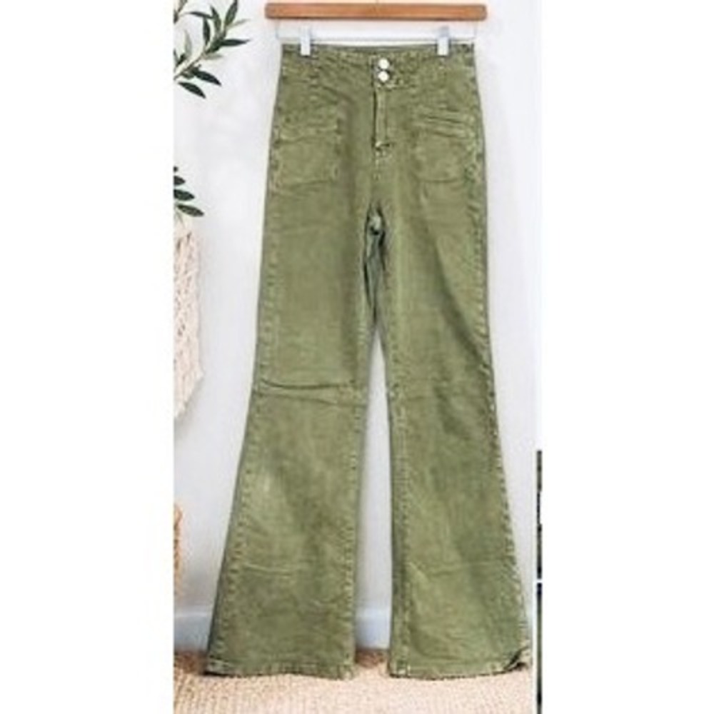 Altar'd State Army Green High Rise Flare Trouser Pants Utility Casual Retro - 29